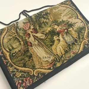 Vintage tapestry purse French provincial scene floral handbag